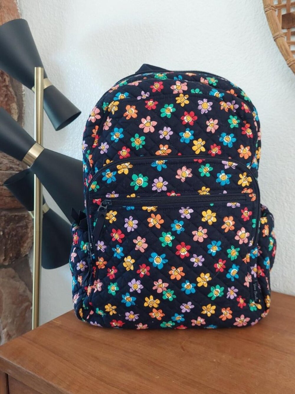 Vera Bradley Pride Daisies Campus Backpack Black Quilted Cotton Floral Smiley Fa